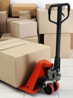 Manual pallet truck with carton boxes indoors